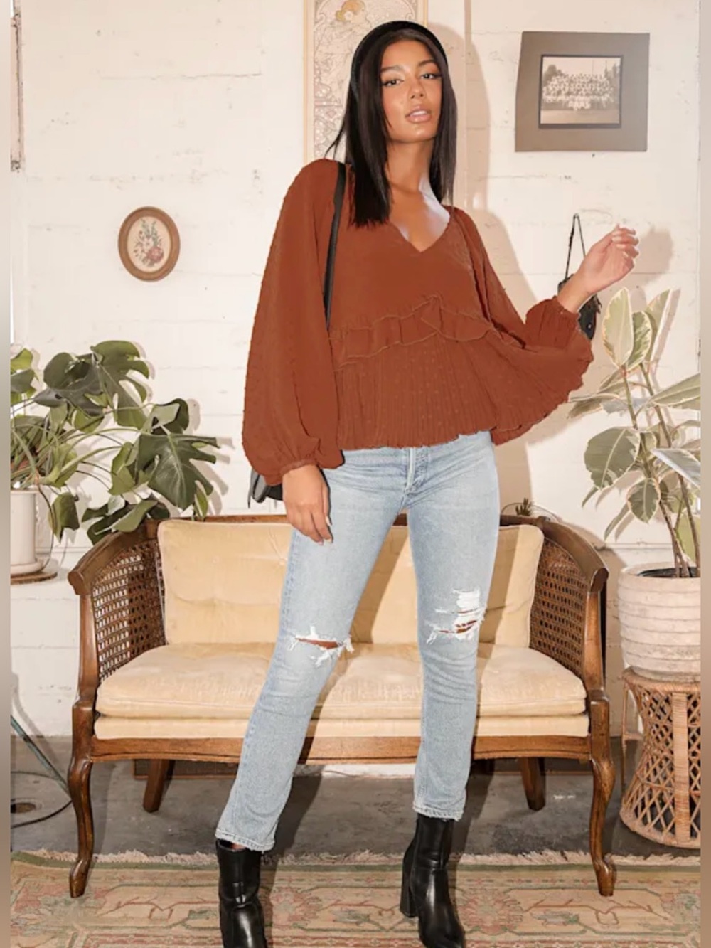 Lulus Thrills And Frills Rust Orange Swiss Dot Ruffled Long Sleeve Top